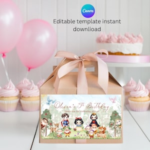 Mall för etikett till Snow White Gable Box: Dekoration för festgåvor (redigerbar i Canva, digital nedladdning)
