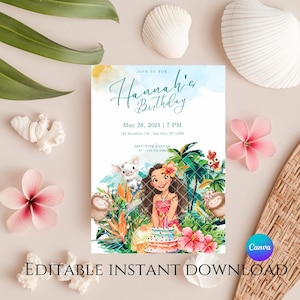 Plantilla de invitación de cumpleaños moderna de Moana, invitación de cumpleaños de Moana editable, invitación de Moana 2 editable, plantilla de Moana 2, decoración de fiesta de Moana