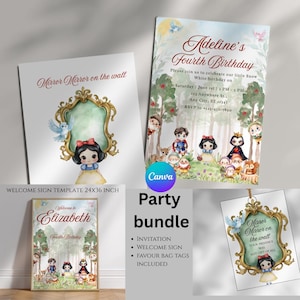 Schneewittchen-Geburtstags-Party-Paket Bundle, Schneewittchen-Party-Geburtstagsbanner, Schneewittchen Dankeschön-Tag, Schneewittchen-Party-Dekor