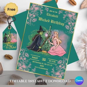 Wicked birthday invitation  editable wicked party  invitation pink green witchbirthday invite, wicked  party supplies,instant download