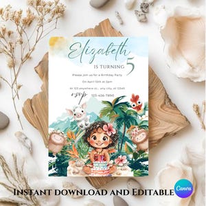 Invitación de cumpleaños de bebé Moana, tarjeta de fiesta de Moana editable digitalmente, invitación personalizable de Moana, plantilla de Moana, princesa Disney canva