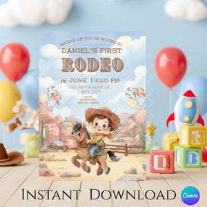 Toy Story First Rodeo Invitation: Woody and Bullseye (Editable Template)