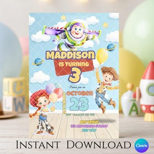 Convite fofo de aniversário do Toy Story em aquarela com tema Woody Buzz | Modelo editável do Toy Story | Modelo de festa com tema Toy Story no Canva