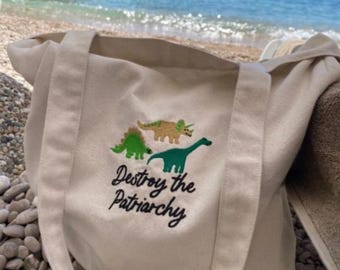 Feminist Dinosaur Embroidered Tote Bag