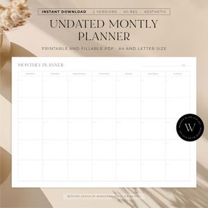 Planificador mensual sin fecha imprimible: diseño minimalista, inicio en lunes y domingo, apto para tinta, tamaño A4/carta, descarga instantánea, diseño horizontal.