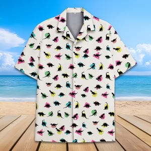 Retro Dinosaur Hawaiian Shirt Men Women Youth, Cute Dino Shirt, Funny Jurassic Aloha Short Sleeve Button Down Shirt, Dino Lovers Gift