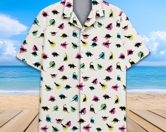 Retro Dinosaur Hawaiian Shirt Men Women Youth, Cute Dino Shirt, Funny Jurassic Aloha Short Sleeve Button Down Shirt, Dino Lovers Gift