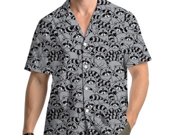 Camisa havaiana com estampa de guaxinim para homens, mulheres e jovens. Camisa divertida com estampa de guaxinim, camisa de botão com estampa de guaxinim, camisa de manga curta para praia no verão.