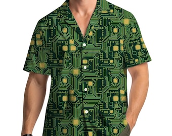 Computerprintplaat Hawaiiaans shirt voor mannen, groen tech Aloha-shirt button-down, shirt geek nerd elektronica, cadeau programmeur ingenieur