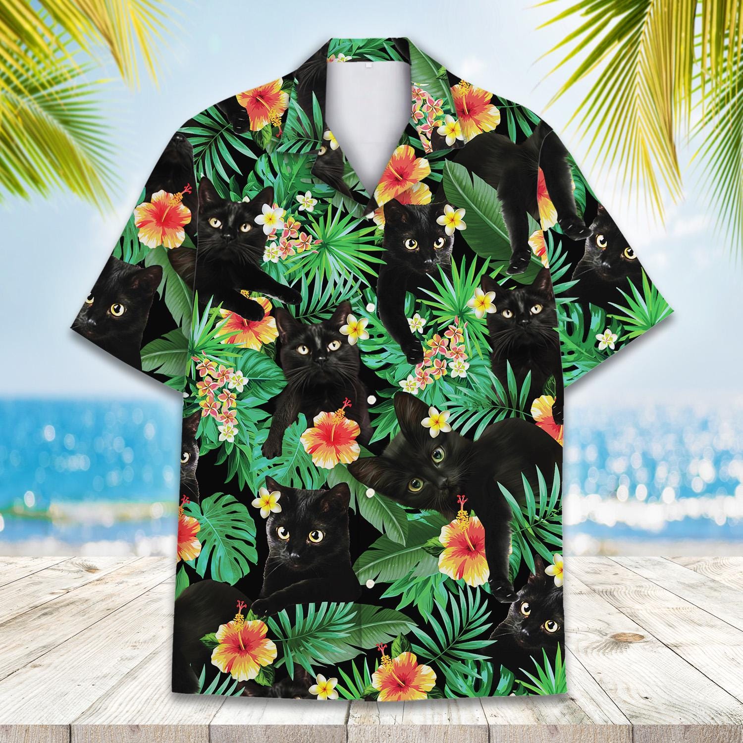 Tropical Cat & Hibiscus Hawaiian Shirt Men Women Youth, Black Cat