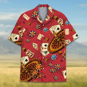 Chemise hawaïenne de casino pour hommes et femmes, chemise boutonnée à manches courtes pour le jeu, chemise de poker d'été Las Vegas, chemise Lucky Chips Dice Roulette