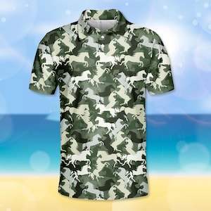 Horse Camo Polo Shirt for Men Women, Camouflage Polo Shirt, Western Country Ranch Style Polo, Equestrian Outdoor Shirt, Gift for Golf Lovers