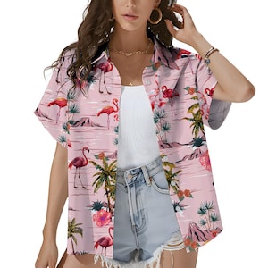 Pink Floral Flamingo Hawaiian Shirt for Women, Cute Tropical Island & Pink Bird Print, Summer Vacation Shirt Button Down Short Sleeve