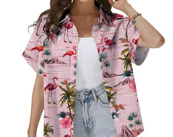 Pink Floral Flamingo Hawaiian Shirt for Women, Cute Tropical Island & Pink Bird Print, Summer Vacation Shirt Button Down Short Sleeve
