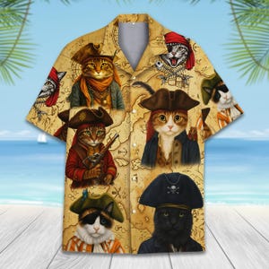 Piraten Katze Hawaiihemd Männer Frauen Jugend, Vintage Karte Katze Button Down Shirt, lustige Piraten Katze Aloha Shirt Button Down, Katzenliebhaber Geschenk