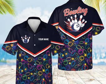 Personalized Retro Bowling Hawaiian Shirt for Men Women Youth, Custom Name Bowling Shirt, Funny Neon Bowling Shirt, Bowling Lover Gift