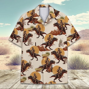 Cowboy Bigfoot Hawaiian Shirt Men Women Youth, Bigfoot Riding Dinosaur Print, Short Sleeve Button-Down Shirt, Retro Western Summer Shirt