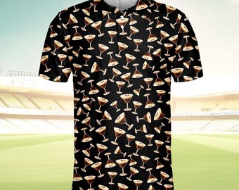 Camisa havaiana com coquetel Espresso Martini para homens e mulheres, camisa social com botões para férias de verão, camisa para festa tropical de verão, camisa divertida com estampa Aloha para bebidas
