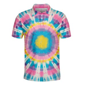 May include: A short-sleeved polo shirt with a vibrant tie-dye pattern. The shirt features a circular design with a yellow center, surrounded by blue, purple, and pink hues. The collar and placket have a white base.