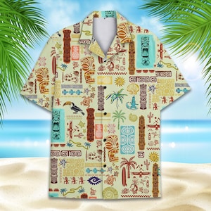 Tiki Tribal Hawaiian Shirt Men Women Youth, Vintage Island Print Button Up Shirt, Luau Beach Vacation Shirt with Polynesian Symbols