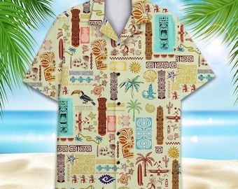 Tiki Tribal Hawaiian Shirt Men Women Youth, Vintage Island Print Button Up Shirt, Luau Beach Vacation Shirt with Polynesian Symbols