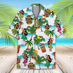 Hula Girl Hawaiian Shirt Tiki Aloha Beach Shirt for Men Women, Funny Luau Party Shirt, Tropical Island Vacation Shirt, Summer Gift Idea