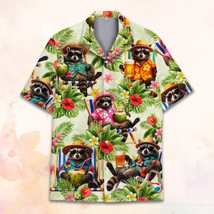 Tropical Raccoon Hawaiian Shirt for Men Women Youth, Funny Beach Vacation Button Down, Summer Animal Aloha Shirt, Gift for Raccoon Lover