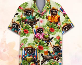 Camisa havaiana de guaxinim tropical para homens, mulheres e jovens, camisa divertida de férias na praia com botões, camisa aloha de animais de verão, presente para amantes de guaxinins