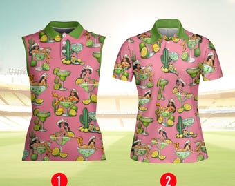 Cowgirl Margarita Polo Shirt for Women, Funny Western Cocktail Print Shirt, Sleeveless & Short Sleeve Golf Tops – Bachelorette Party Outfit