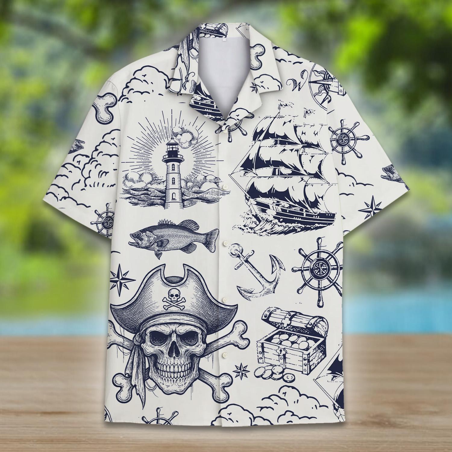 Vintage Pirate Skull Hawaiian Shirt Men Women Youth, Pirate Ship