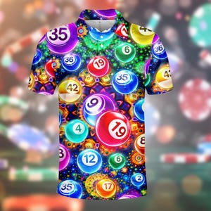May include: A short-sleeved polo shirt featuring a vibrant, colorful design of lottery balls. The shirt's pattern includes various numbered balls in shades of purple, red, green, and yellow, set against a dark background.