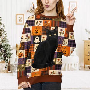 Sweat-shirt chat noir pour Halloween, pull moche patchwork citrouille, sweat-shirt fantôme mignon pour l'automne, cadeau pour les amoureux des chats à l'Halloween, pull ras du cou ambiance automne