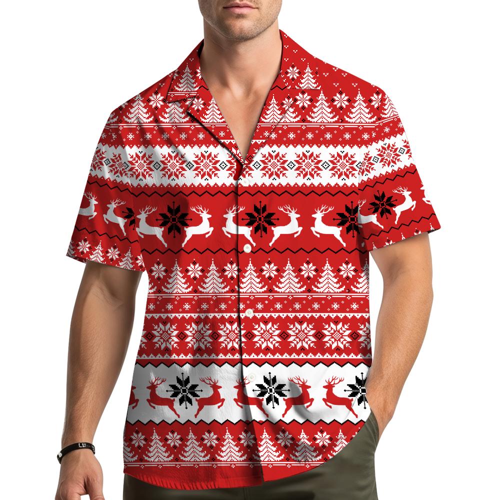 Discover Red Christmas Hawaiian Shirt with Reindeer, Tree, and Snowflake Pattern for Men, Women, Youth
