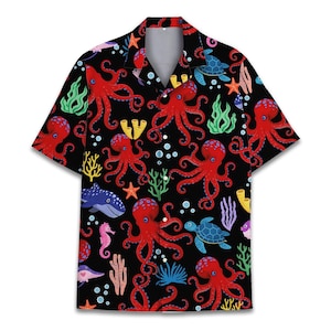 Octopus Hawaiian Shirts Men Women Youth, Marine Life  Aloha Summer Beach Shirt,  Ocean Shirt Button Down Short Sleeve, Ocean Octopus Shirt