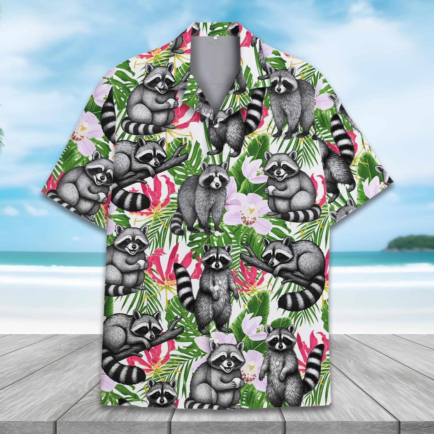 takashi様ご購入用　yuketen◆U.S.A.製◆メンズヒョウ柄ハラコ Tropical Raccoon Hawaiian Shirt Men Women Youth, Floral Raccoon