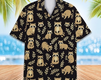 Camisa havaiana vintage de guaxinim, masculina, feminina e juvenil, camisa engraçada de guaxinim, camisa de guaxinim com botões, camisa de verão e praia, manga curta com botões