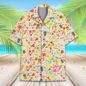 Colorful Tiki Hawaii Aloha Shirt for Men Women Youth, Tropical Floral Print Hawaiian Shirt, Summer Luau Beach Vacation Shirt