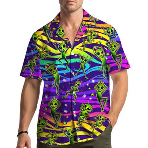 Dancing Alien Hawaiian Shirt for Men Women Youth, Funny Green Alien Aloha Button Up Shirt, Psychedelic Space Party Outfit