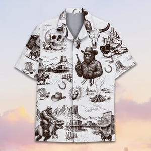 Vintage Cowboy Bigfoot Hawaiian Shirt Men Women Youth, Bigfoot Dinosaur Shirt Short Sleeve Button-Down, Retro Western Summer Shirt