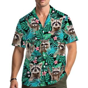 Floral Raccoon Hawaiian Shirt for Men Women Youth, Tropical Beach Shirt Button Down, Summer Animal Aloha Shirt, Raccoon Lovers Gift