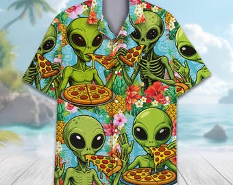 Alien Pizza Hawaiian Shirt for Men Women Youth, Funny Tropical Aloha Shirt Short Sleeve Button Down,  UFO Pizza Vacation Shirt