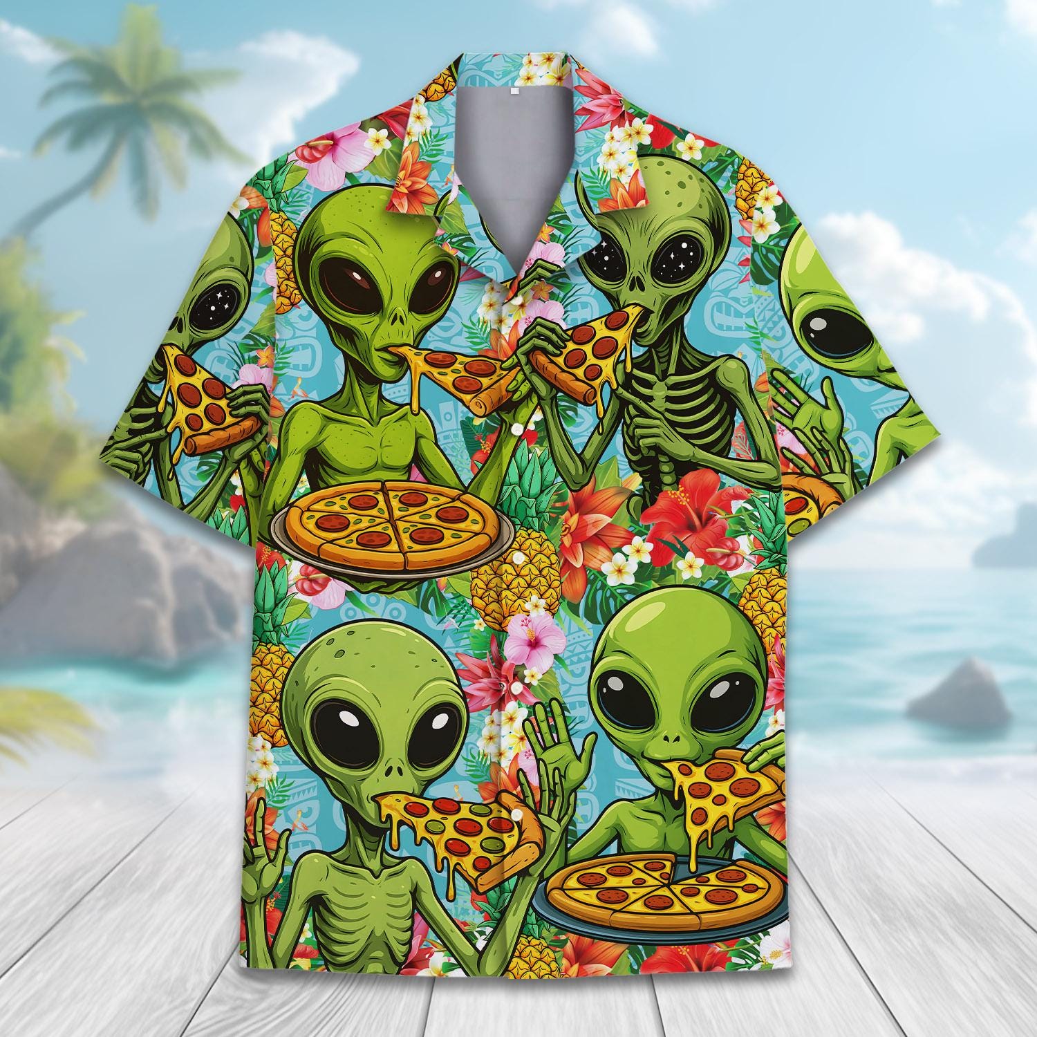 Alien Pizza Hawaiian Shirt for Men Women Youth, Funny Tropical