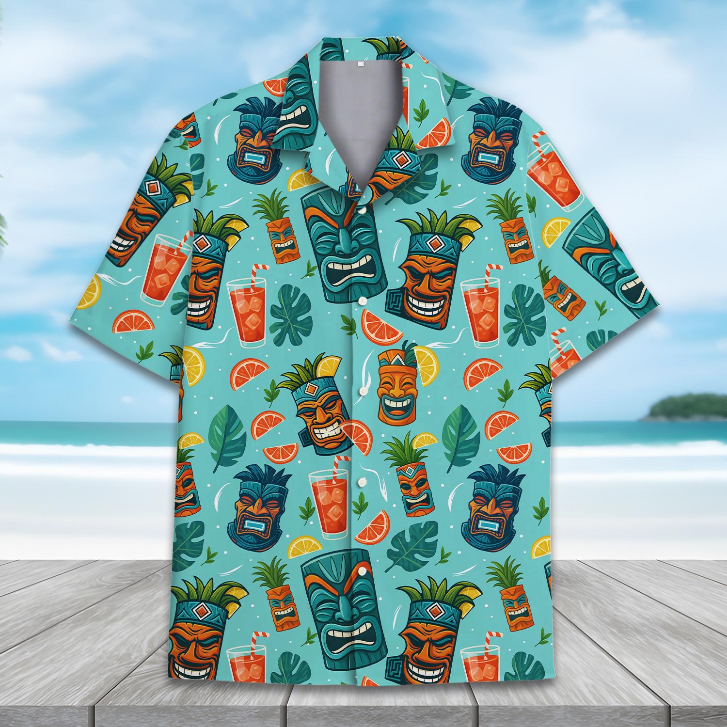 Discover Tropical Hawaiian Tiki Mug Shirt Men Women Youth Short Sleeve Button-Down Beach Shirt