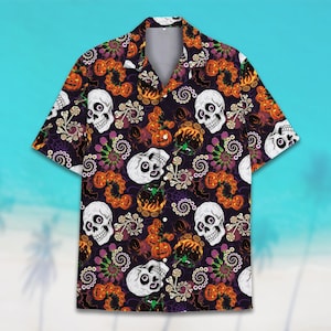 Spooky Skull Pumpkin Halloween Hawaiian Shirt for Men Women Youth, Dark Floral Witchy Aloha Shirt, Halloween Party Shirt Button Down