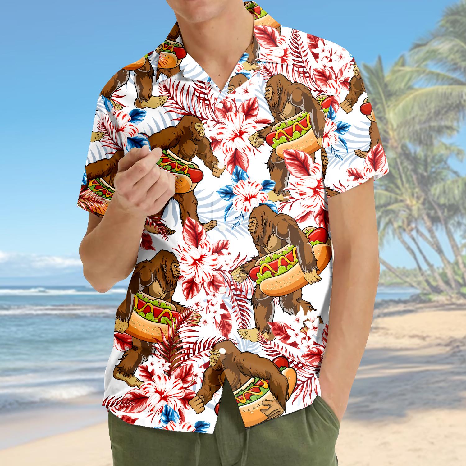 Bigfoot Hot Dog Hawaiian Shirt for Men Women Youth, Funny Hot Dog