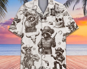 Camisa hawaiana de mapache vaquero para hombre, mujer y joven, divertida camisa Aloha del Viejo Oeste, camisa con botones de dinosaurio del oeste, regalo de playa de verano