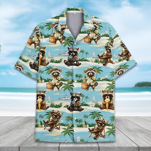 Tropical Raccoon Hawaiian Shirt Men Women Youth, Summer Beach Raccoon Shirt, Aloha Short Sleeve Button Down Shirt