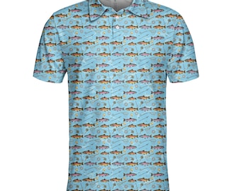 Fishing Lovers Polo Shirt for Men Women, Light Blue Fishing Shirt Button Up with Colorful Fish and Gear, Funny  Gift for Anglers