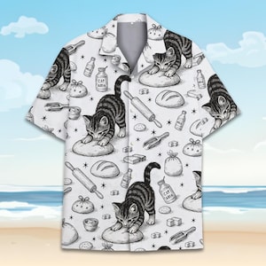 Katt som knådar bröd Hawaiiskjorta för män kvinnor ungdomar, rolig bakande katttryck skjorta med knappar, present till kattälskare, retro kökspresent