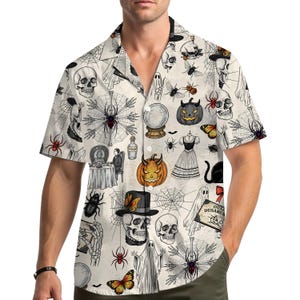 Vintage Halloween Skull Pumpkin Hawaiian Shirt Men Women Youth, Spooky Spider Web Ghost Ouija Shirt, Witchy Retro Gothic Shirt Button Down